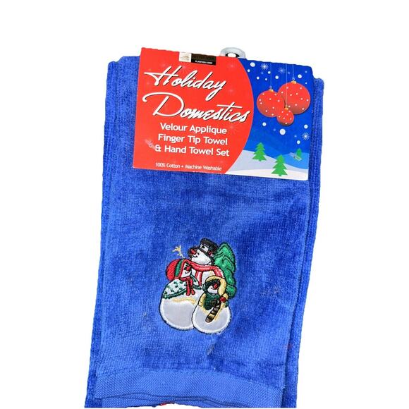 Holiday Domestics Snowman Christmas Tea Towel Set Velour Appliqué Royal Blue - Picture 3 of 6
